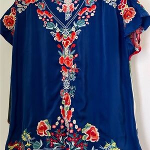 John Mark Blue Floral Embroidered Blouse